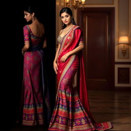 A striking fusion of traditional Mekhela Chadar design and a modern porom dress, crafted to exude a sexy, alluring vibe