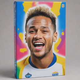 A vibrant cereal box featuring Neymar, the famous footballer. Neymar is showing a cheerful expression with a football-themed design surrounding him. His name and a tagline about health and energy are clearly visible on the box.