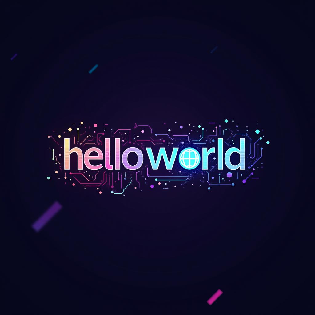 A creative and futuristic logo design for an NFT project featuring the phrase 'hello world'