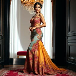 A captivating gown inspired by the traditional Mekhela Chadar, designed with a sexy and elegant silhouette