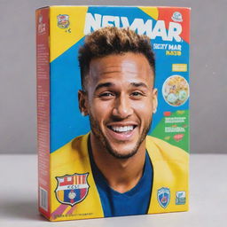 A vibrant cereal box featuring Neymar, the famous footballer. Neymar is showing a cheerful expression with a football-themed design surrounding him. His name and a tagline about health and energy are clearly visible on the box.