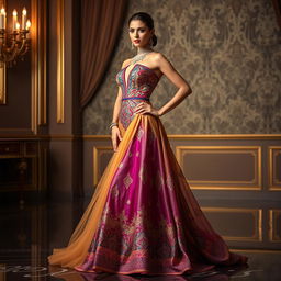 A captivating gown inspired by the traditional Mekhela Chadar, designed with a sexy and elegant silhouette