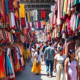 a bustling market scene showcasing a variety of clothes, with vibrant stalls lined up in a 1