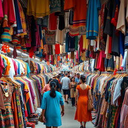 a bustling market scene showcasing a variety of clothes, with vibrant stalls lined up in a 1