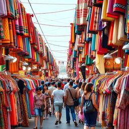 a bustling market scene showcasing a variety of clothes, with vibrant stalls lined up in a 1