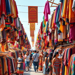 a bustling market scene showcasing a variety of clothes, with vibrant stalls lined up in a 1