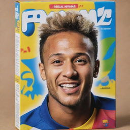 A vibrant cereal box featuring Neymar, the famous footballer. Neymar is showing a cheerful expression with a football-themed design surrounding him. His name and a tagline about health and energy are clearly visible on the box.