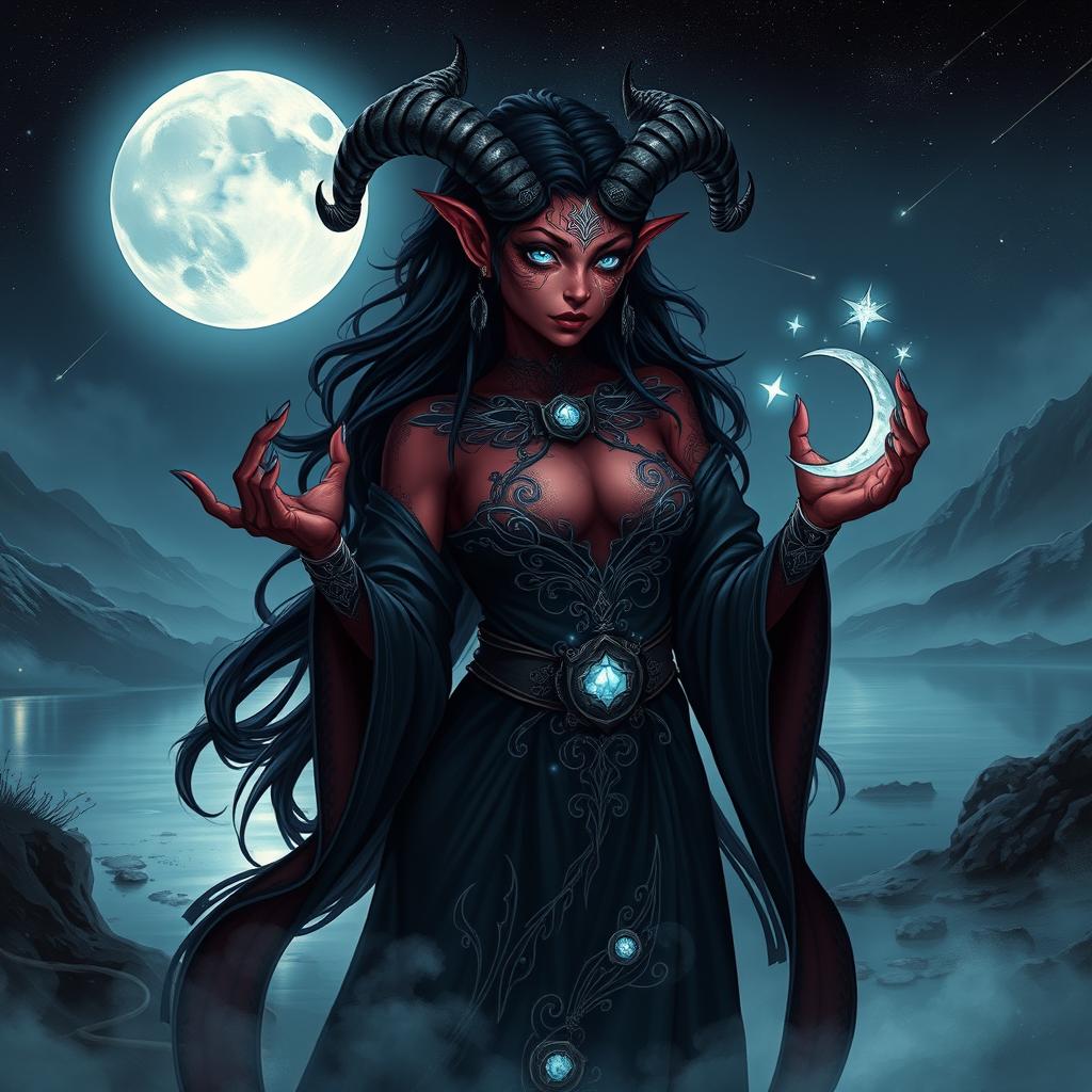 A mesmerizing tiefling female moon sorcerer, standing in an ethereal landscape illuminated by the glow of a full moon