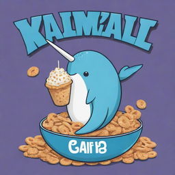 Edit the previous design to feature a highly stylized, cartoony narwhal. Beside it, present the cereal name 'KUMER CRISP' in a funky, eye-catching font.