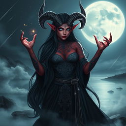 A mesmerizing tiefling female moon sorcerer, standing in an ethereal landscape illuminated by the glow of a full moon