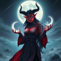 A mesmerizing tiefling female moon sorcerer, standing in an ethereal landscape illuminated by the glow of a full moon