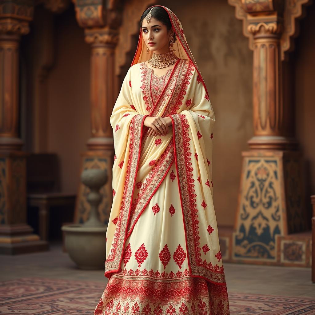 An elegant Mekhela Chadar designed in a sophisticated cream and red color combination