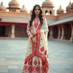 An elegant Mekhela Chadar designed in a sophisticated cream and red color combination