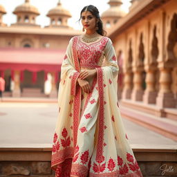 An elegant Mekhela Chadar designed in a sophisticated cream and red color combination