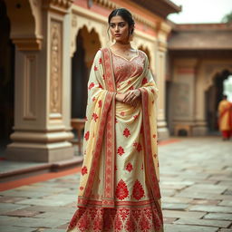 An elegant Mekhela Chadar designed in a sophisticated cream and red color combination