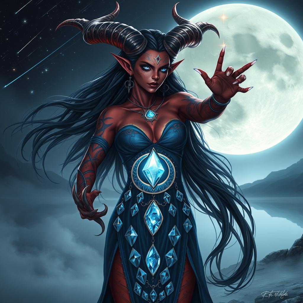 A mesmerizing tiefling female moon sorcerer, standing in an ethereal landscape illuminated by the glow of a full moon