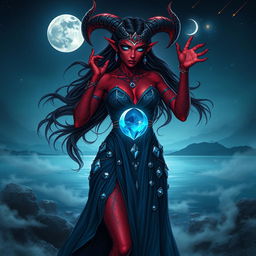 A mesmerizing tiefling female moon sorcerer, standing in an ethereal landscape illuminated by the glow of a full moon