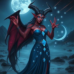 A mesmerizing tiefling female moon sorcerer, standing in an ethereal landscape illuminated by the glow of a full moon