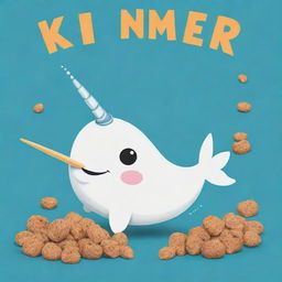 Edit the previous design to feature a highly stylized, cartoony narwhal. Beside it, present the cereal name 'KUMER CRISP' in a funky, eye-catching font.