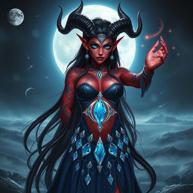 A mesmerizing tiefling female moon sorcerer, standing in an ethereal landscape illuminated by the glow of a full moon