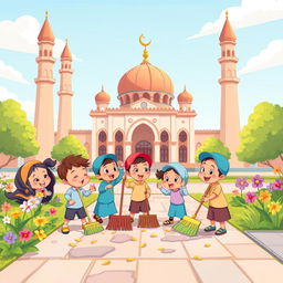 a vibrant and cheerful animation depicting children working together to clean the mosque area, with animated characters energetically sweeping and cleaning, showcasing teamwork and a sense of community, the mosque surrounded by colorful flowers and clear sky, children laughing and having fun while cleaning, animation style with bright colors and lively expressions