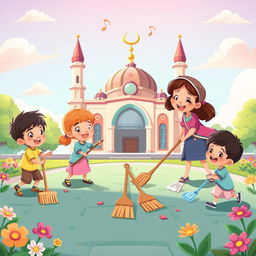 a vibrant and cheerful animation depicting children working together to clean the mosque area, with animated characters energetically sweeping and cleaning, showcasing teamwork and a sense of community, the mosque surrounded by colorful flowers and clear sky, children laughing and having fun while cleaning, animation style with bright colors and lively expressions