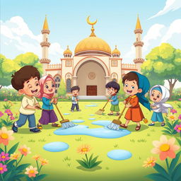 a vibrant and cheerful animation depicting children working together to clean the mosque area, with animated characters energetically sweeping and cleaning, showcasing teamwork and a sense of community, the mosque surrounded by colorful flowers and clear sky, children laughing and having fun while cleaning, animation style with bright colors and lively expressions