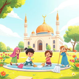 a vibrant and cheerful animation depicting children working together to clean the mosque area, with animated characters energetically sweeping and cleaning, showcasing teamwork and a sense of community, the mosque surrounded by colorful flowers and clear sky, children laughing and having fun while cleaning, animation style with bright colors and lively expressions