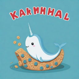 Edit the previous design to feature a highly stylized, cartoony narwhal. Beside it, present the cereal name 'KUMER CRISP' in a funky, eye-catching font.