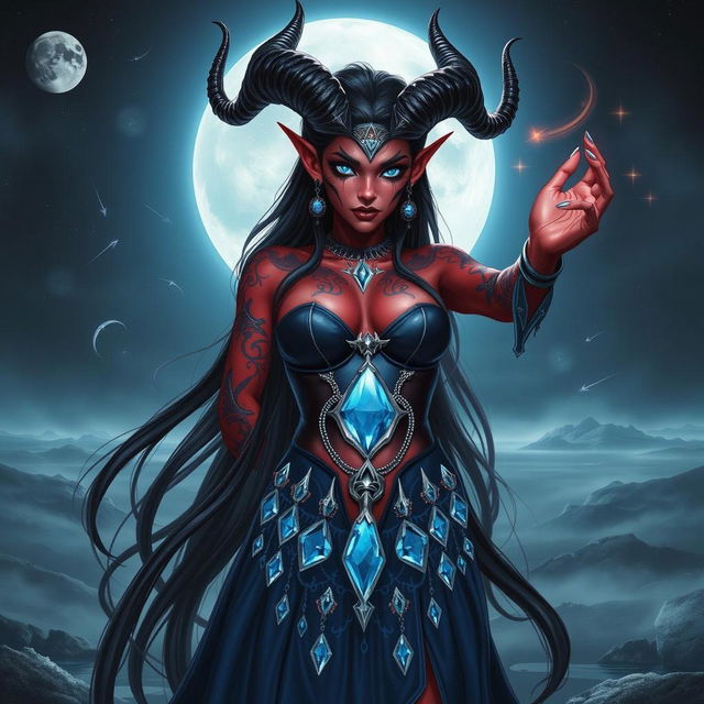 A striking tiefling female moon sorcerer in a fantastical, moonlit landscape