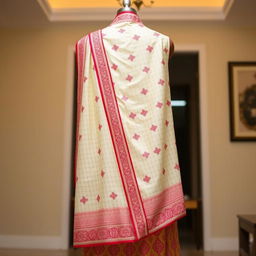 An elegant Mekhela Chadar featuring a cream and red color combination