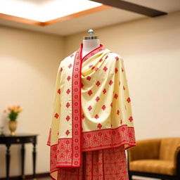 An elegant Mekhela Chadar featuring a cream and red color combination