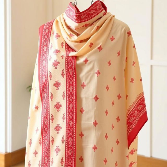 An elegant Mekhela Chadar featuring a cream and red color combination