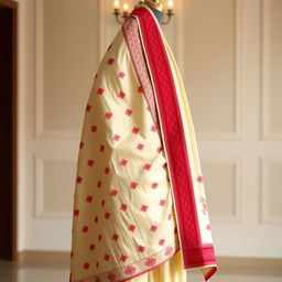 An elegant Mekhela Chadar featuring a cream and red color combination