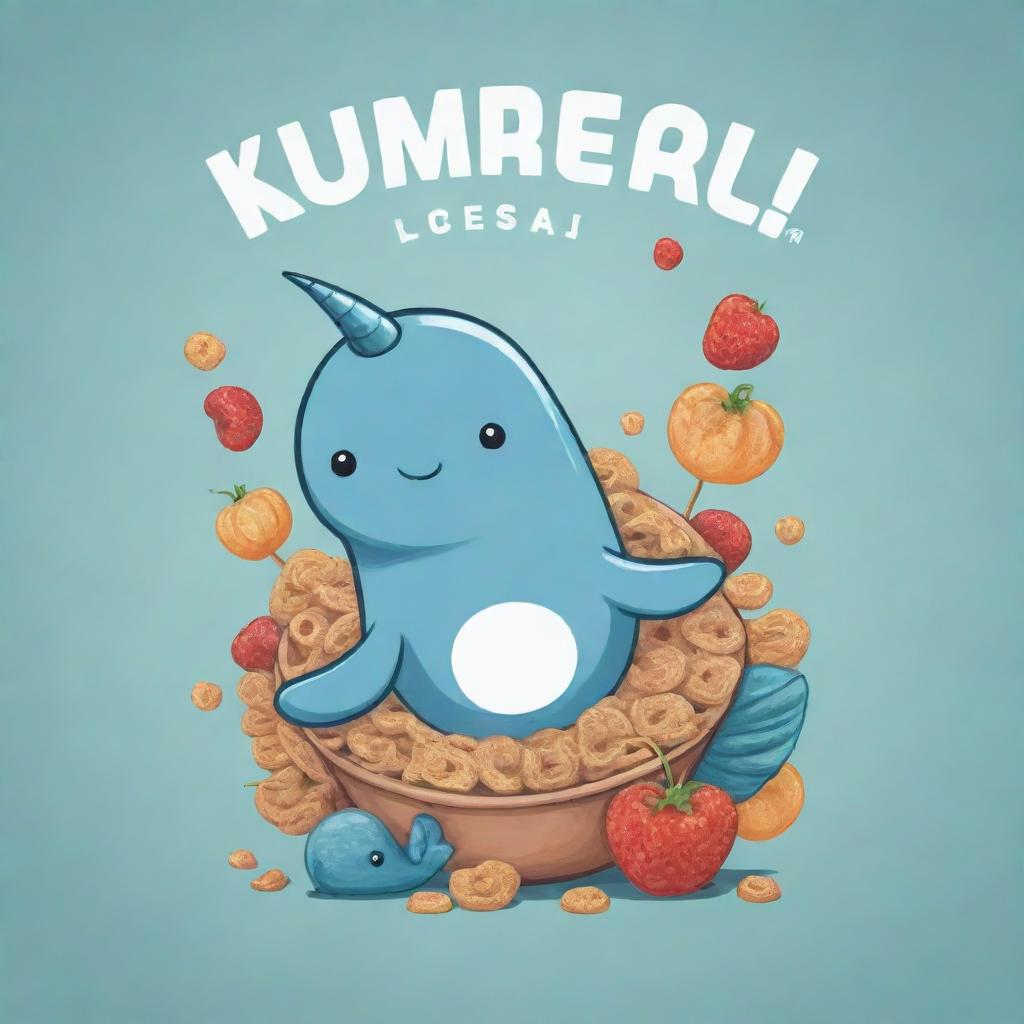 Edit the previous design to feature a highly stylized, cartoony narwhal. Beside it, present the cereal name 'KUMER CRISP' in a funky, eye-catching font.