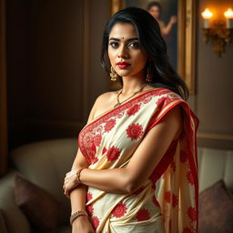 A sexy, confident woman elegantly wearing a Mekhela Chadar in a cream and red color combination