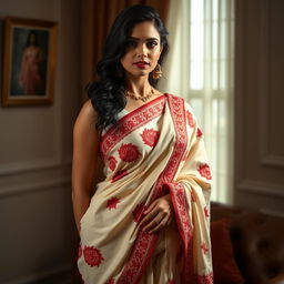 A sexy, confident woman elegantly wearing a Mekhela Chadar in a cream and red color combination