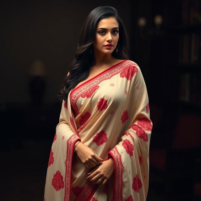 A sexy, confident woman elegantly wearing a Mekhela Chadar in a cream and red color combination