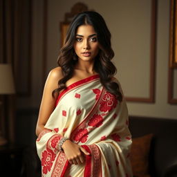 A sexy, confident woman elegantly wearing a Mekhela Chadar in a cream and red color combination