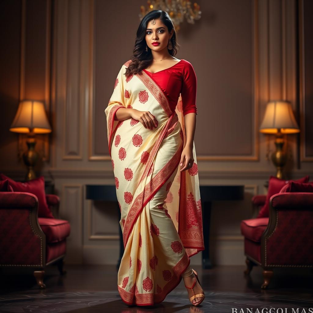 A sexy, confident woman with a voluptuous figure, elegantly wearing a Mekhela Chadar in a cream and red color combination