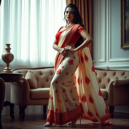 A sexy, confident woman with a voluptuous figure, elegantly wearing a Mekhela Chadar in a cream and red color combination