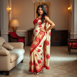 A sexy, confident woman with a voluptuous figure, elegantly wearing a Mekhela Chadar in a cream and red color combination