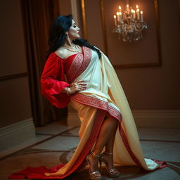 A sexy, voluptuous woman with a confident and alluring presence, elegantly wearing a Mekhela Chadar in a cream and red color combination