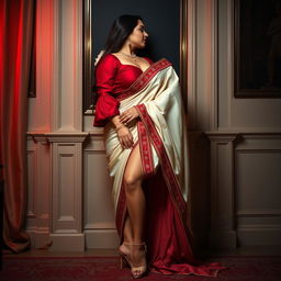 A sexy, voluptuous woman with a confident and alluring presence, elegantly wearing a Mekhela Chadar in a cream and red color combination