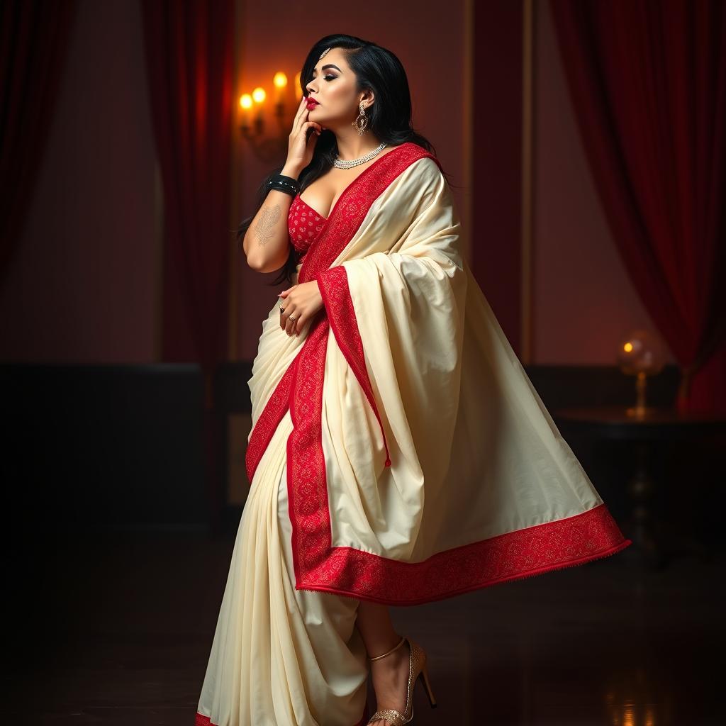 A sexy, voluptuous woman with a confident and alluring presence, elegantly wearing a Mekhela Chadar in a cream and red color combination