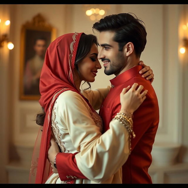 elegant woman wearing a Cream and Red Mekhela Chadar, positioned with a handsome man in an intimate and passionate embrace, capturing the essence of romance and deep connection, in a luxurious setting with soft lighting and a serene atmosphere