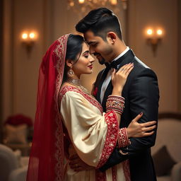 elegant woman wearing a Cream and Red Mekhela Chadar, positioned with a handsome man in an intimate and passionate embrace, capturing the essence of romance and deep connection, in a luxurious setting with soft lighting and a serene atmosphere