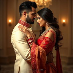 elegant woman wearing a Cream and Red Mekhela Chadar, positioned with a handsome man in an intimate and passionate embrace, capturing the essence of romance and deep connection, in a luxurious setting with soft lighting and a serene atmosphere