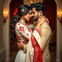 elegant woman wearing a Cream and Red Mekhela Chadar, positioned with a handsome man in an intimate and passionate embrace, capturing the essence of romance and deep connection, in a luxurious setting with soft lighting and a serene atmosphere