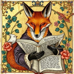 A medieval-style illumination featuring a fox intently reading a book, surrounded by intricate and colorful floral borders typical of manuscripts from the Middle Ages